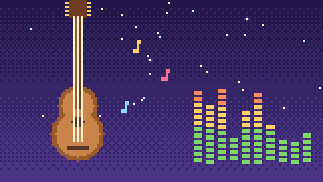 Charango en pixel art junto a notas musicales de colores y un ecualizador