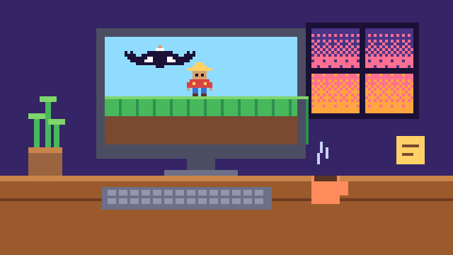 Escritorio en pixel art con un monitor que muestra el prototipo de Andes Run, un tazón de café humeante y una planta