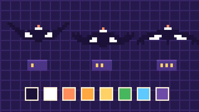 Hoja de sprites con tres poses de vuelo de un cóndor sobre una grilla y la paleta de ocho colores del estudio