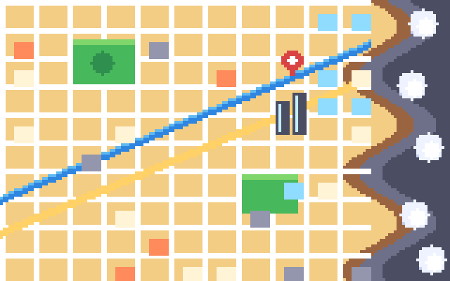 Mapa pixel art de Santiago con la ubicación de la oficina de QARapaRa en Las Condes, cerca de la cordillera